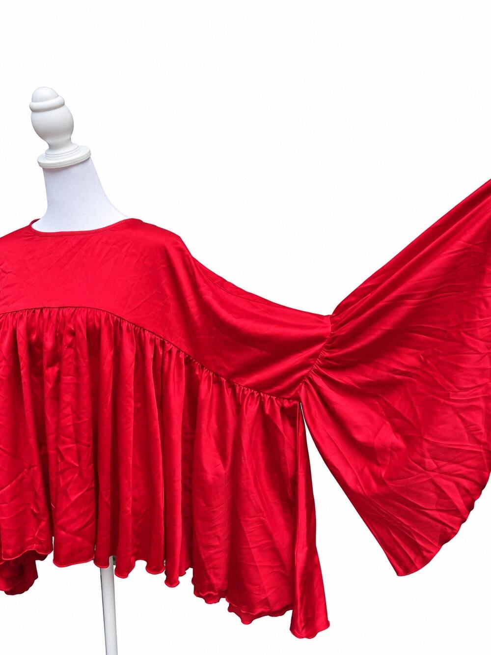 Mazik Red Satin Babydoll Blouse Small Dramatic Bell Sleeves Flowy Top